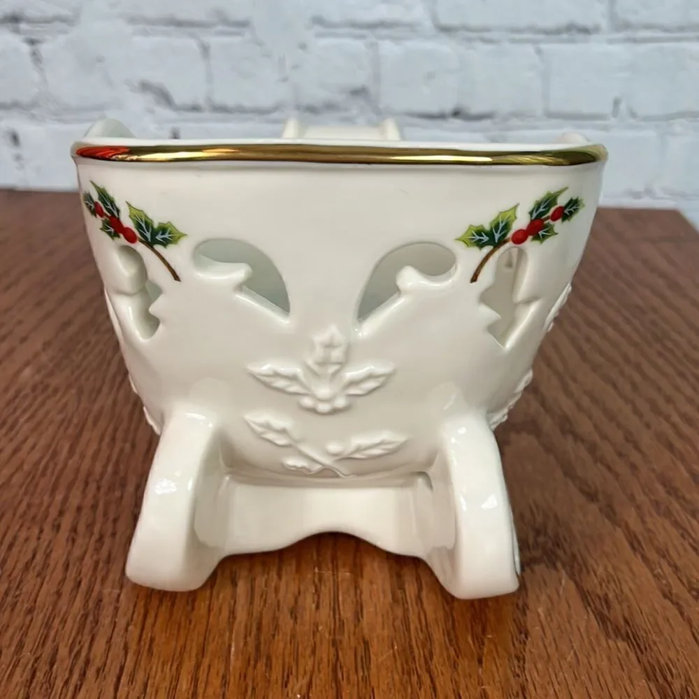 PartyLite Ceramic Christmas Holly Sleigh P7663 EUC
